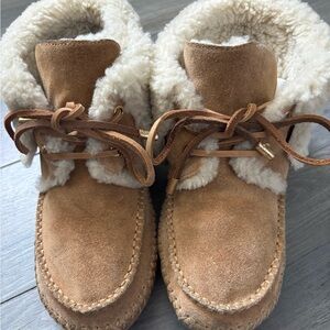 Tory Burch Women Genuine Tan Suede Shearling-Lined Moccasin Slippers 8.5